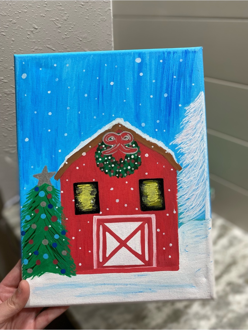 Hand Crafted Red Barn Winter Scene Canvas - Picture 3 of 4